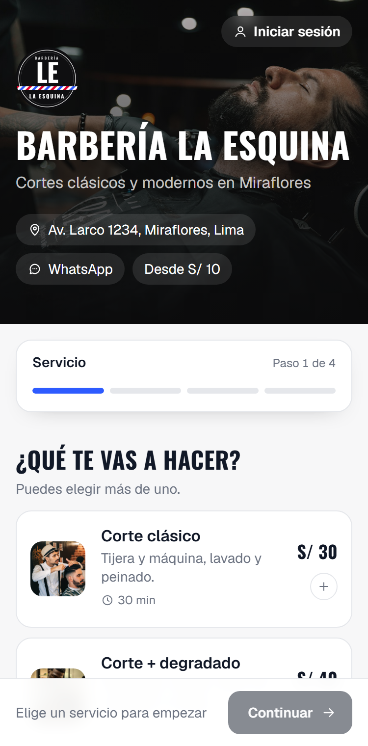 Página de reservas de una barbería en el celular