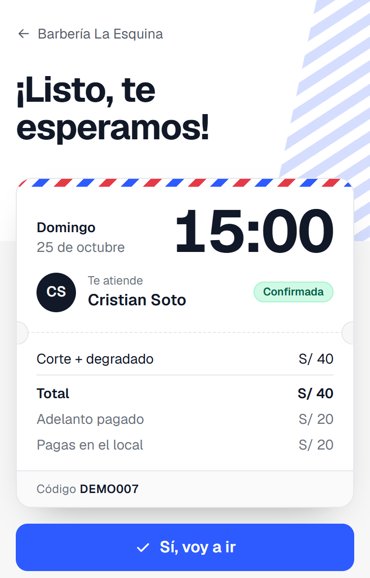 Ticket de la cita con la hora y el pago del adelanto